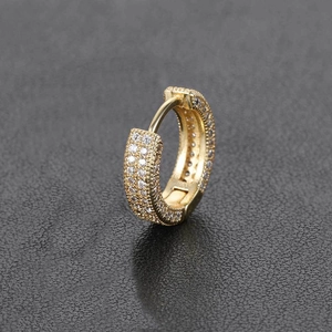Detail view of gold-plated hoop earring with multi-row white zircon pave setting