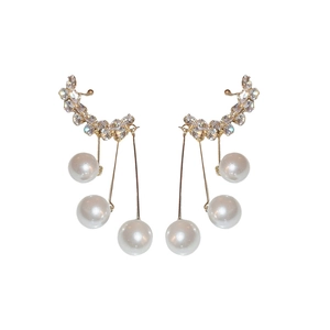 Elegant gold earrings featuring sparkling rhinestones and dangling white pearl tassels