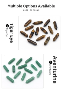 Detail of hexagonal double-pointed tiger eye and aventurine crystal pillars for DIY crafts