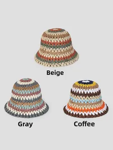 Detailed knit patterns of handmade crochet bucket hats in beige, grey and coffee colors