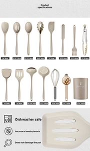 Detail view of 15-piece silicone kitchen utensil set with storage bucket and measurements