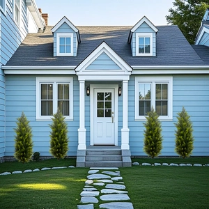 Outdoor setting showing four symmetric artificial green cypress trees by a house entrance