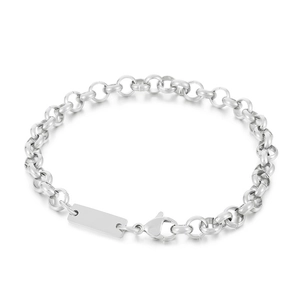 Silver stainless steel chain bracelet with engravable rectangle tag and lobster clasp
