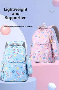 Detail of ergonomic kids backpacks with rainbow patterns and matching pencil cases