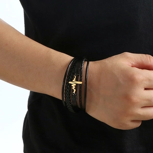 Multilayer black leather bracelet with golden heartbeat metal charm for men and women