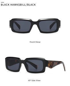 Vorderansicht und 45-Grad-Seitenansicht der modernen Retro-Sonnenbrille mit Schildpatt-Bügeln