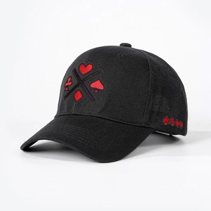 Adjustable black cotton baseball cap with embroidered heart and spade poker patterns
