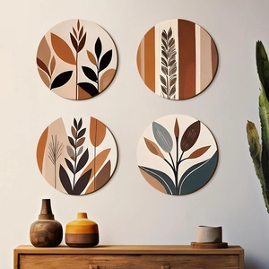 Round Wooden Wall Art Bohemian Abstract Plant Geometric Hanging Plaques For Home Office Farmhouse Style Decor