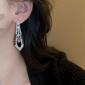Macro view of silver tassel earrings with purple gems and rhinestones on a model