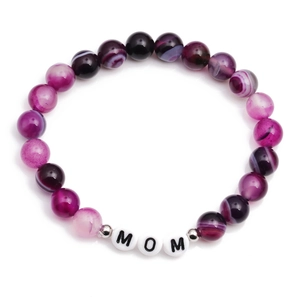 Agate beaded bracelet with purple textures and MOM letter charms on white background