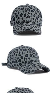 Three-angle view of a grey leopard print corduroy baseball cap with adjustable strap