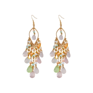 Bohemian colorful beaded tassel drop earrings with gold hooks on white background