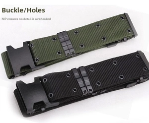 Tactical belt detail showing heavy-duty nylon webbing with metal eyelets and quick-release buckle