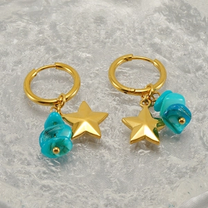 Star dangle earrings with natural turquoise beads and gold finish for women