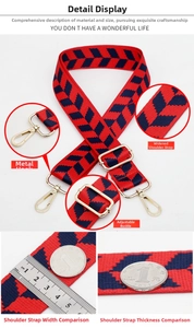 Detail of jacquard geometric guitar strap with gold hooks and metal hardware size guide