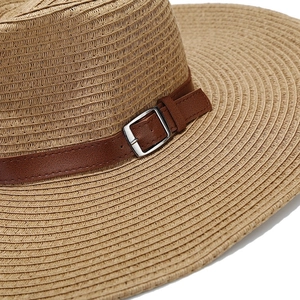Straw sun hat for women with khaki woven texture and brown faux leather decorative band