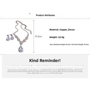 Detail view of pear-cut zircon necklace and earrings set with copper base measurements