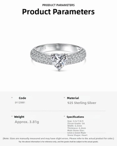 Detailed spec chart of S925 sterling silver ring with 6mm heart-shaped zircon stone