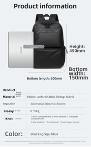 Detaillierte Größentabelle des Laptop-Rucksacks mit Maßen 450x300x150mm und mehreren Taschen