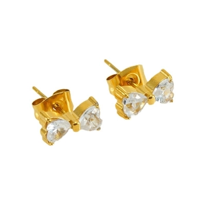 Minimalist 18K gold plated bow earrings with heart-shaped cubic zirconia crystals