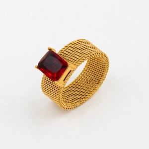 Gold mesh braided stainless steel ring featuring a large rectangular red zircon stone