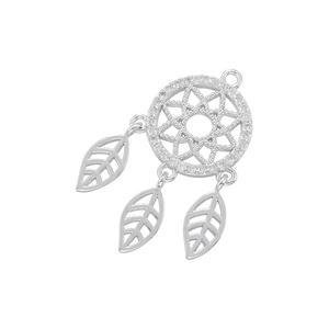 Silver dreamcatcher pendant with zirconia inlays and hollow leaf charms for DIY jewelry