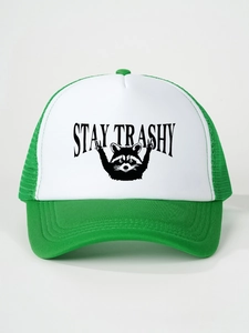 Detailed front view of green and white Stay Trashy raccoon trucker cap with mesh back