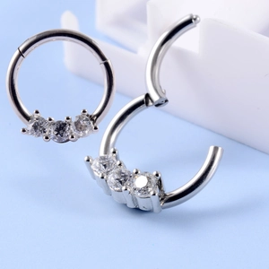 Surgical stainless steel hinged nose ring with three sparkling round zircon stones