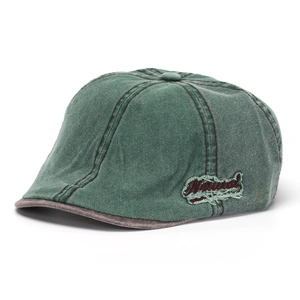 Close-up profile of a vintage green washed denim ivy cap with Natural embroidery patch