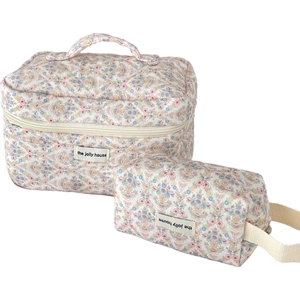 Dreamcore floral quilted makeup bag set with two large capacity portable wash bags