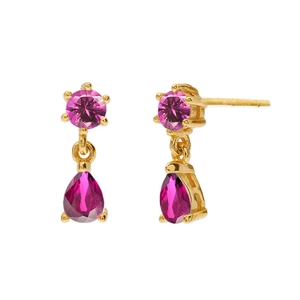 Detail of s925 silver needle earrings with rose red zircon and teardrop dangle