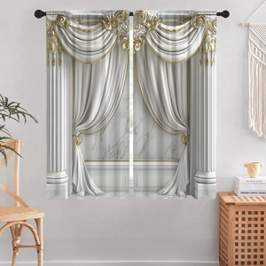 Detail of baroque 3D curtains with golden pillars and valance patterns in a modern room