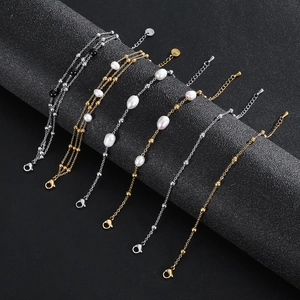 Waterproof stainless steel pearl and bead chain bracelets in gold and silver finishes