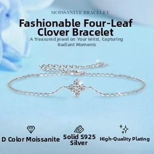 Macro shot of S925 sterling silver four-leaf clover moissanite bracelet details