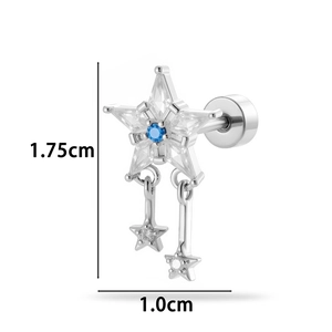 Silver star earring with zircon inlay and tassels showing 1.75cm height dimensions