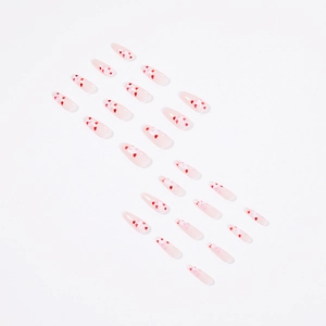 Pink heart almond press-on nails set with red miniature heart patterns for Valentine Day
