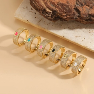 Adjustable Open Ring Heart Shape Colorful Enamel 14K Gold Plated Copper Pave Cubic Zirconia For Women Fashion
