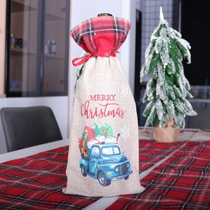 Housse de bouteille de vin en toile de jute avec motif camion rouge et nœud de Noël