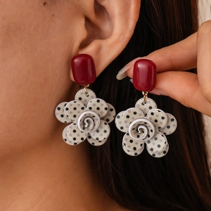 Vintage Polka Dot Flower Drop Earrings With 925 Sterling Silver Earring Post Acrylic Retro Floral Jewelry For Women
