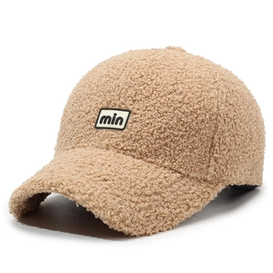 Teddy fleece baseball cap in camel with min embroidery, 45-degree angle view on white back
