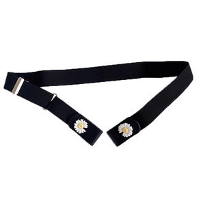 Black elastic waist belt with white daisy charms and adjustable silver metal buckle
