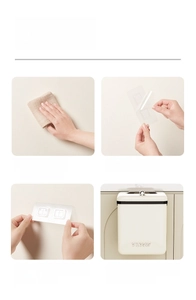 Four-step installation guide for wall-mounted kitchen bin using adhesive hooks