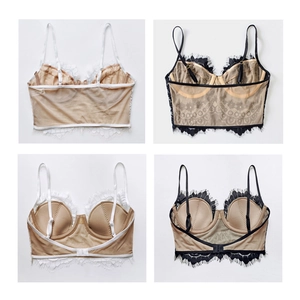 Lace bralette with eyelash trim and open back design in black and white colors