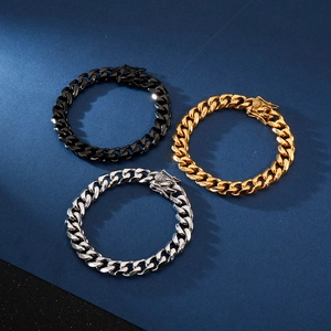 Dragon head clasp stainless steel cuban link bracelets in silver, gold and black