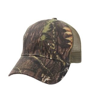 Jungle camouflage mesh trucker hat with a curved brim and breathable brown back panels