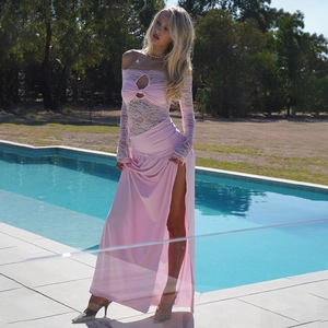 Pink lace off-shoulder long dress with high side slit and pleated detailing for women