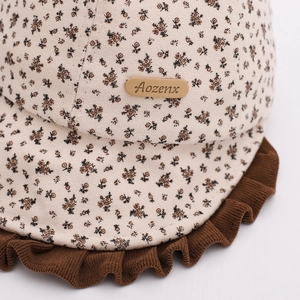 Vintage beige floral baby sun hat with brown corduroy ruffled brim and leather brand tag