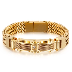 Men's gold-plated stainless steel chain bracelet with crystal center and industrial link style