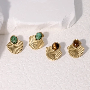 Vintage Fan Shaped Stud Earrings 18K Gold Plated Stainless Steel With Natural Stone Tiger Eye African Pine For Women
