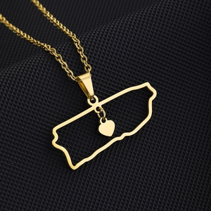 Golden Puerto Rico map outline pendant necklace with a heart in stainless steel
